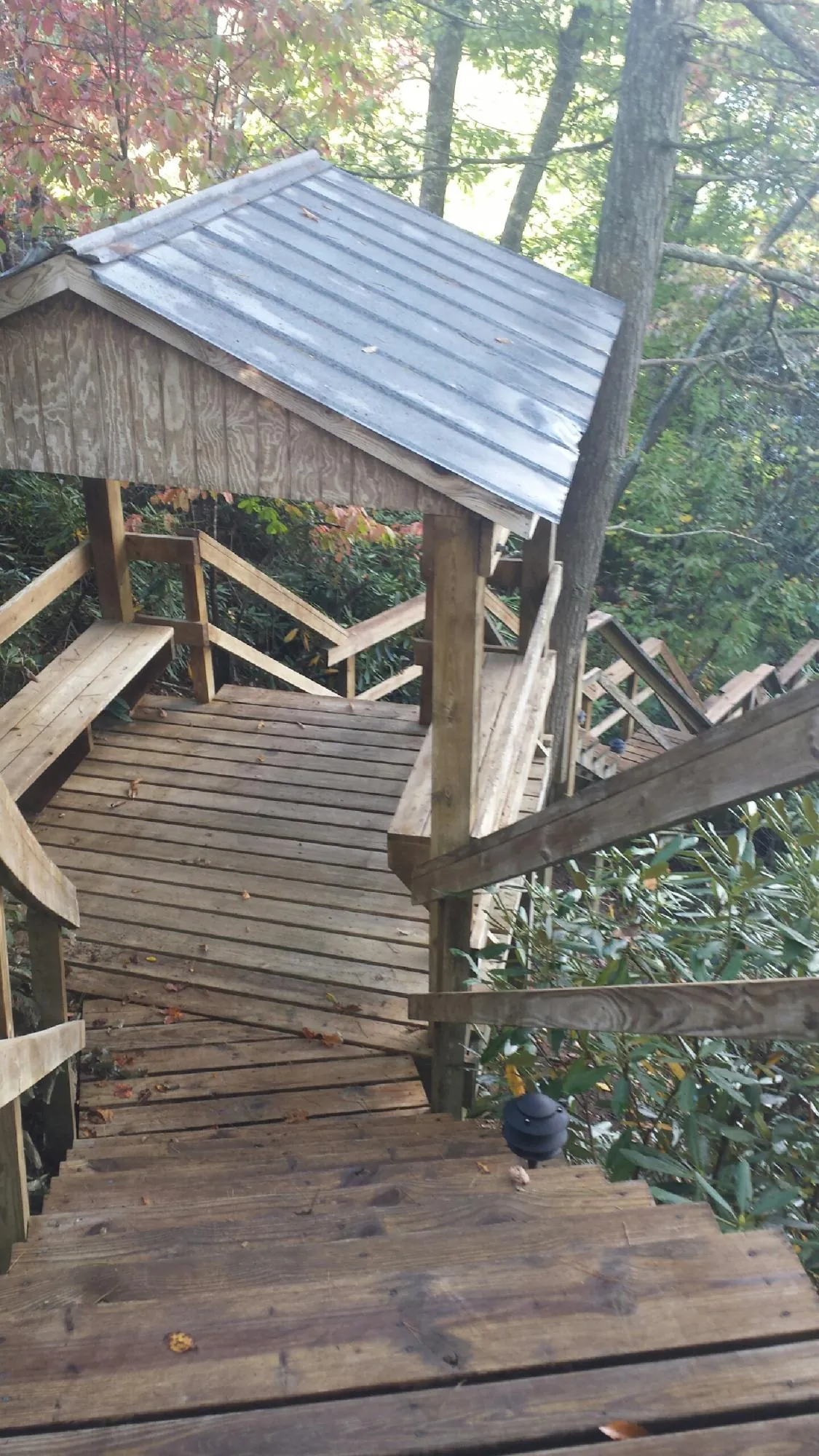 Metal roofed shelter over wooden steps on a wooded walkway — Skylight Repair & Installation work by our crew in Baton Rouge